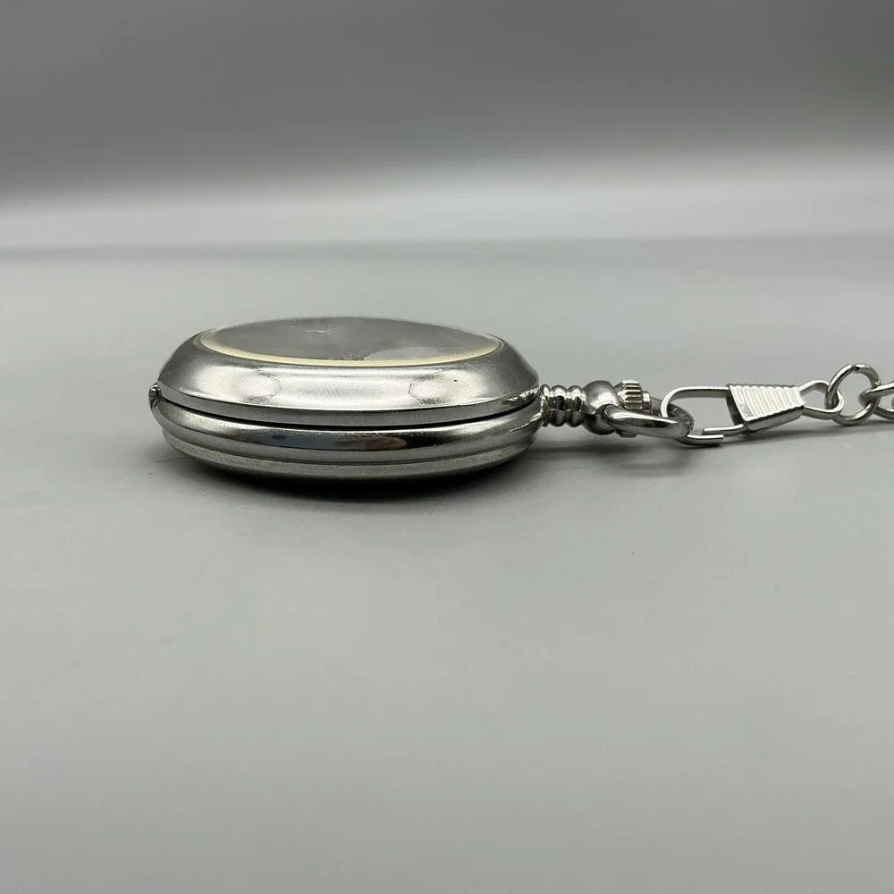 Al Agnew Pocket Watch Men 46mm Silver Tone Wolf Full Hunter Chain New Battery